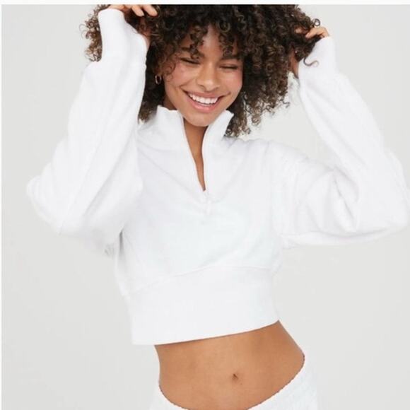 Offline by Aerie Throw-Back Corset Cropped 1/4 Zip White Size Medium - Picture 1 of 7